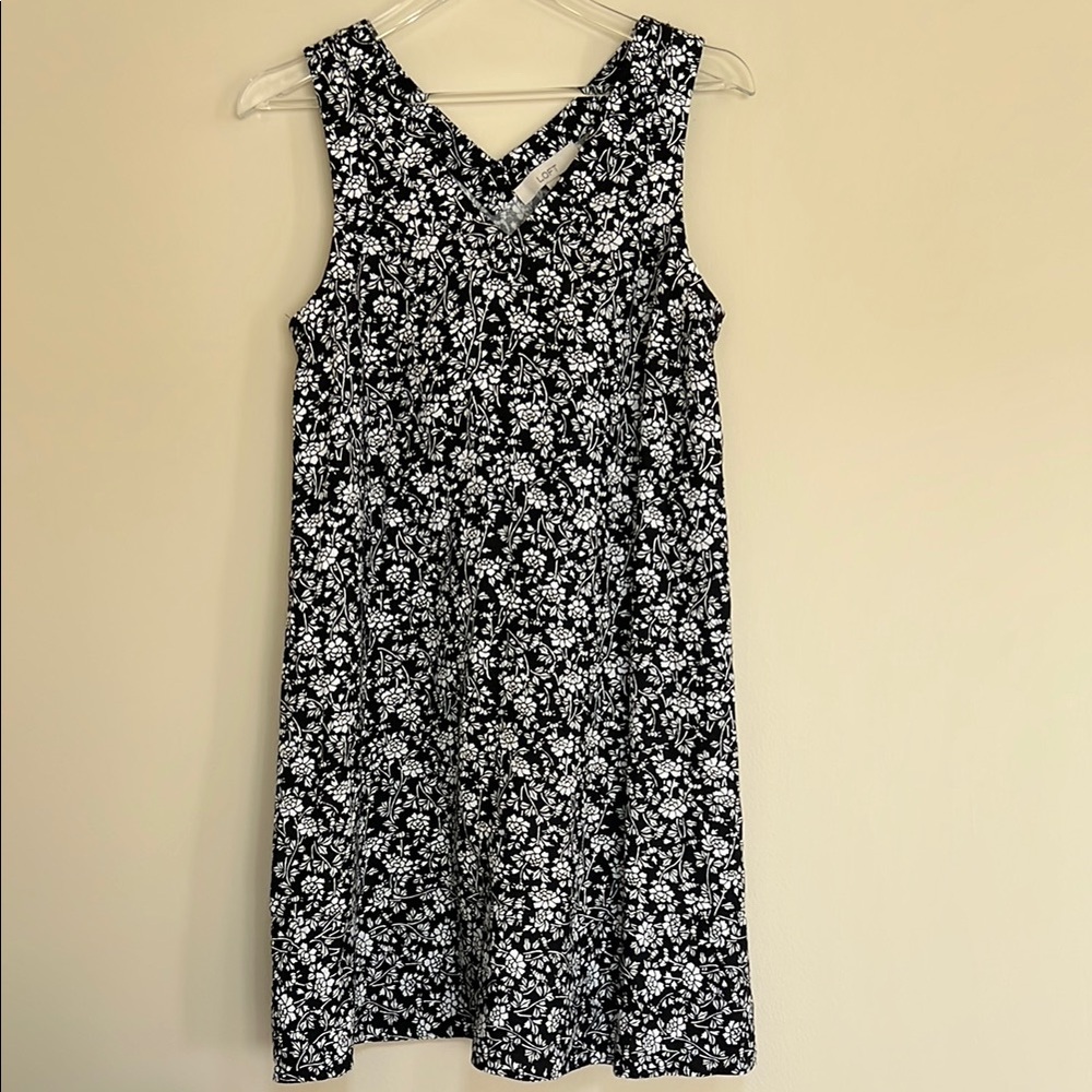 LOFT Black and White Sleeveless V-Neck Linen Sundress Swing Dress XS